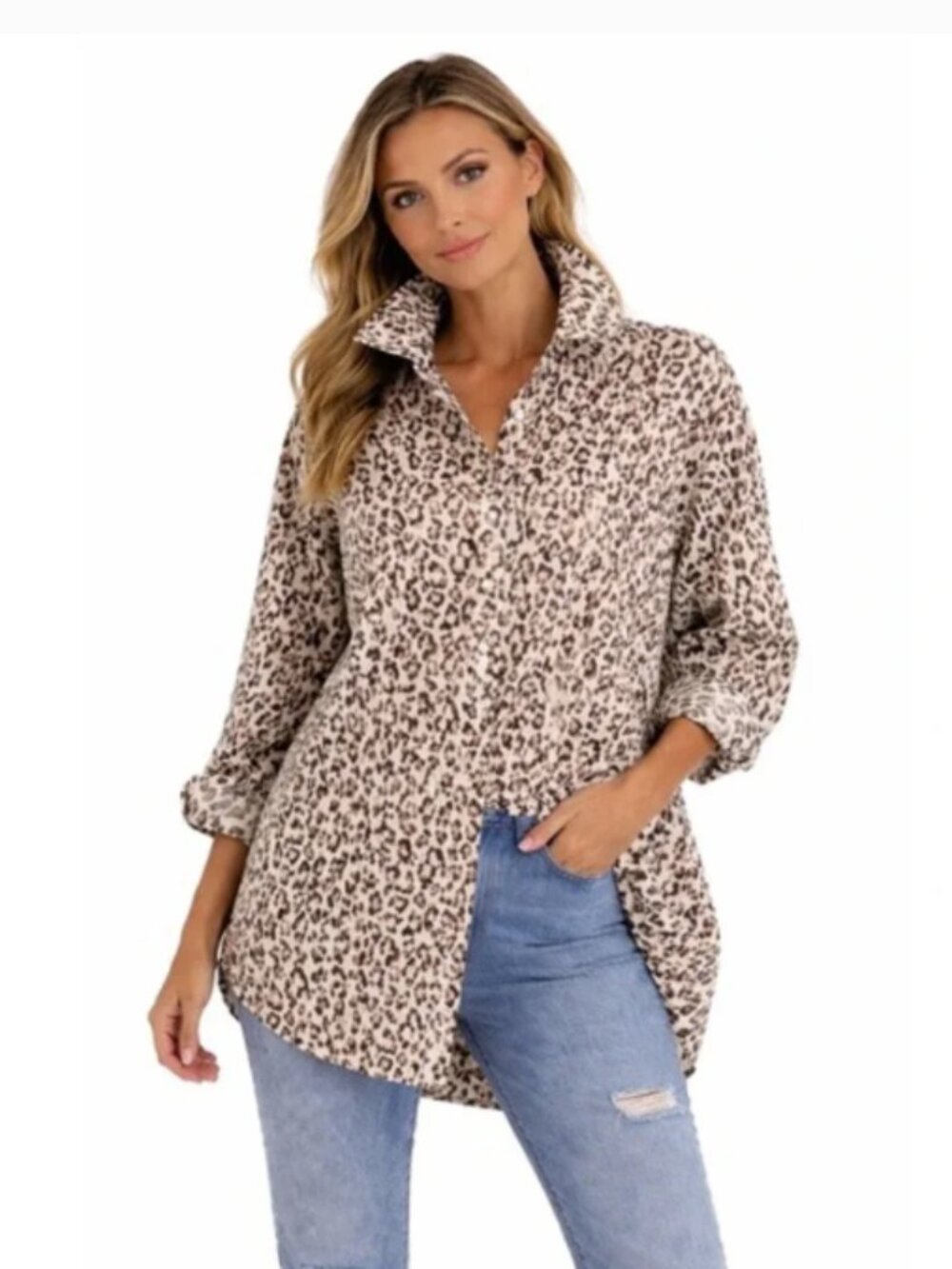 Chico’s ‘Cool Max’ Leopard Print Button Down Collared Shirt, Tan, Size 2